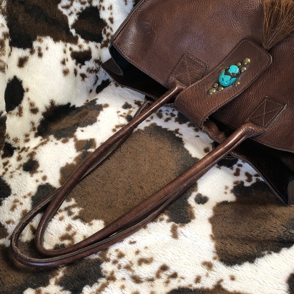 Big Two Bar West McFadin Leather Tote Bag Studded Turquoise Horse Hair Tassel - Picture 15 of 15